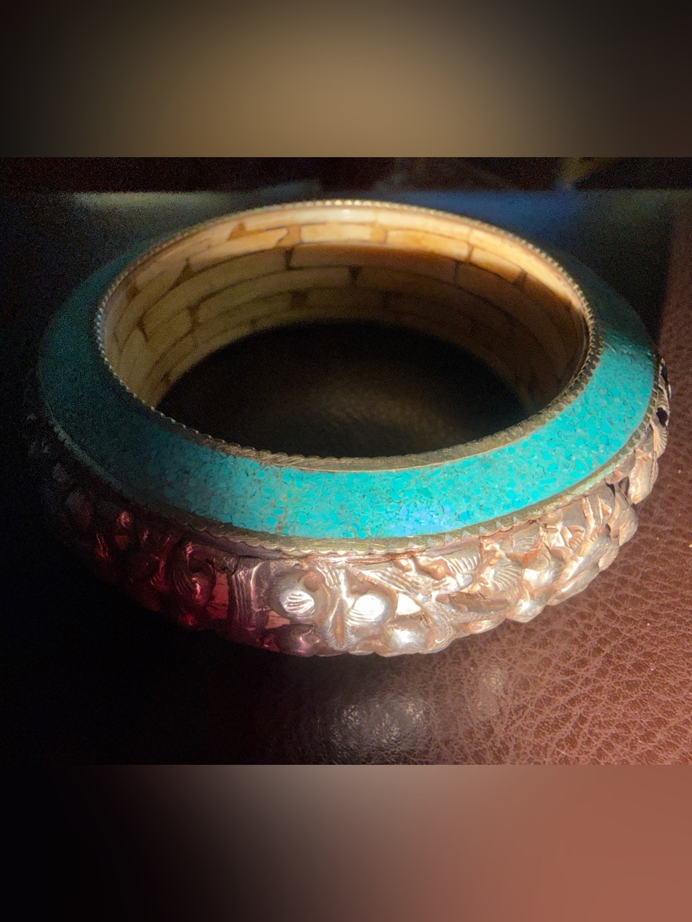Large Tibetan Silver Turquoise Bone Inlay Heav Statement Bangle Bracelet